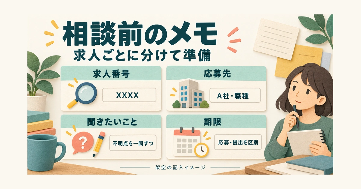 相談前に求人番号、応募先、確認したいこと、期限をそろえる四項目のメモ。番号などは架空の表示。