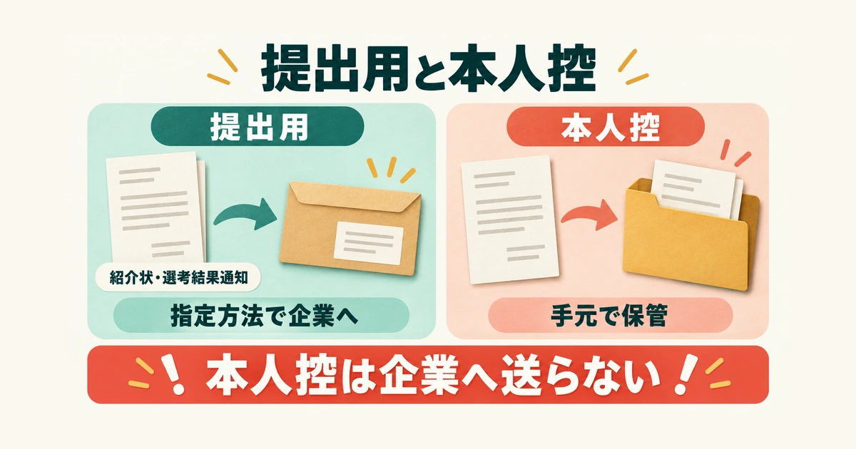 企業に提出する紹介状と、手元に保管する本人控を分け、本人控は企業へ送らないと示した図。