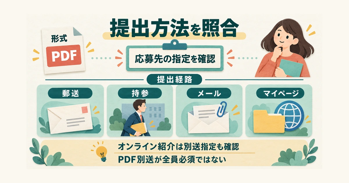 PDFというファイル形式と、郵送、持参、メール、求職者マイページの提出経路を分け、応募先の指定を確認する図。