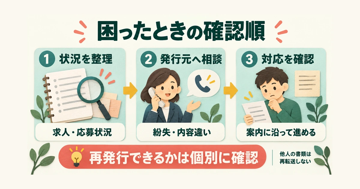 困ったときは求人と応募状況を整理し、発行元へ相談して対応方法を確認する順番。再発行を保証する図ではない。