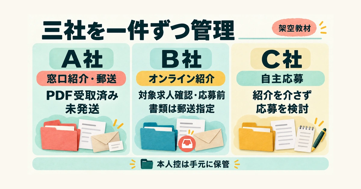 架空のA社は窓口紹介でPDF受取済み・未発送、B社はオンライン紹介の対象求人を確認した応募前で書類は郵送指定、C社は紹介を介さない自主応募を検討する三社管理図。