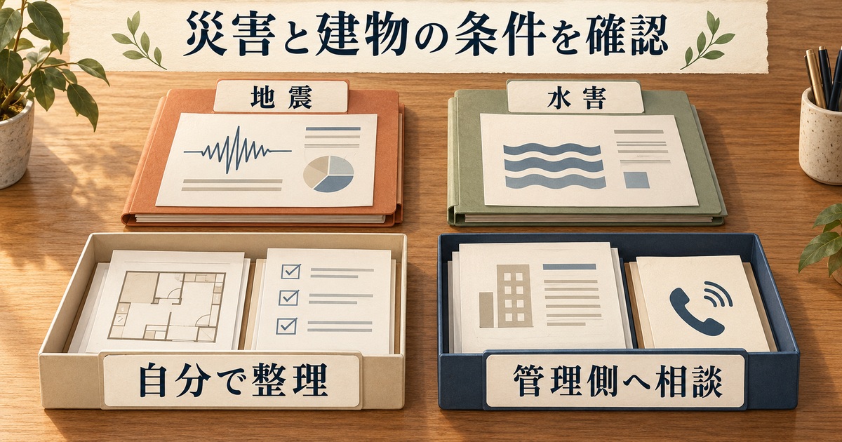 地震と水害の資料を分け、自分で整理する情報と管理側へ相談する情報を二つのトレイにまとめる図
