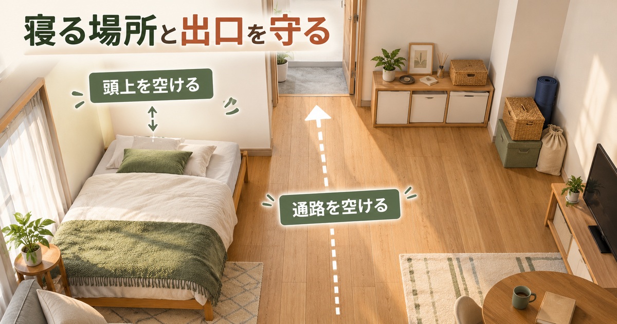 寝床の頭上に棚を置かず、出入口へ続く通路を空けたワンルームの配置を示す図