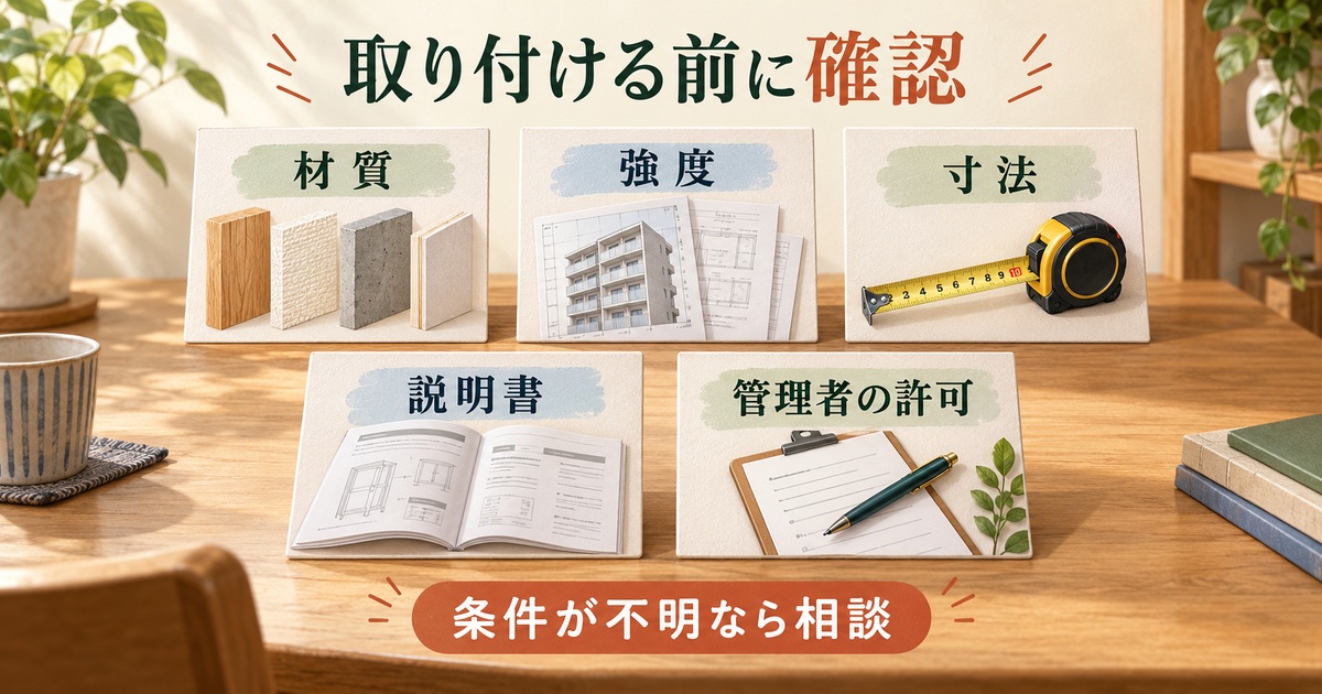 家具固定の前に材質、強度、寸法、説明書、管理者の許可を確かめる五項目の図
