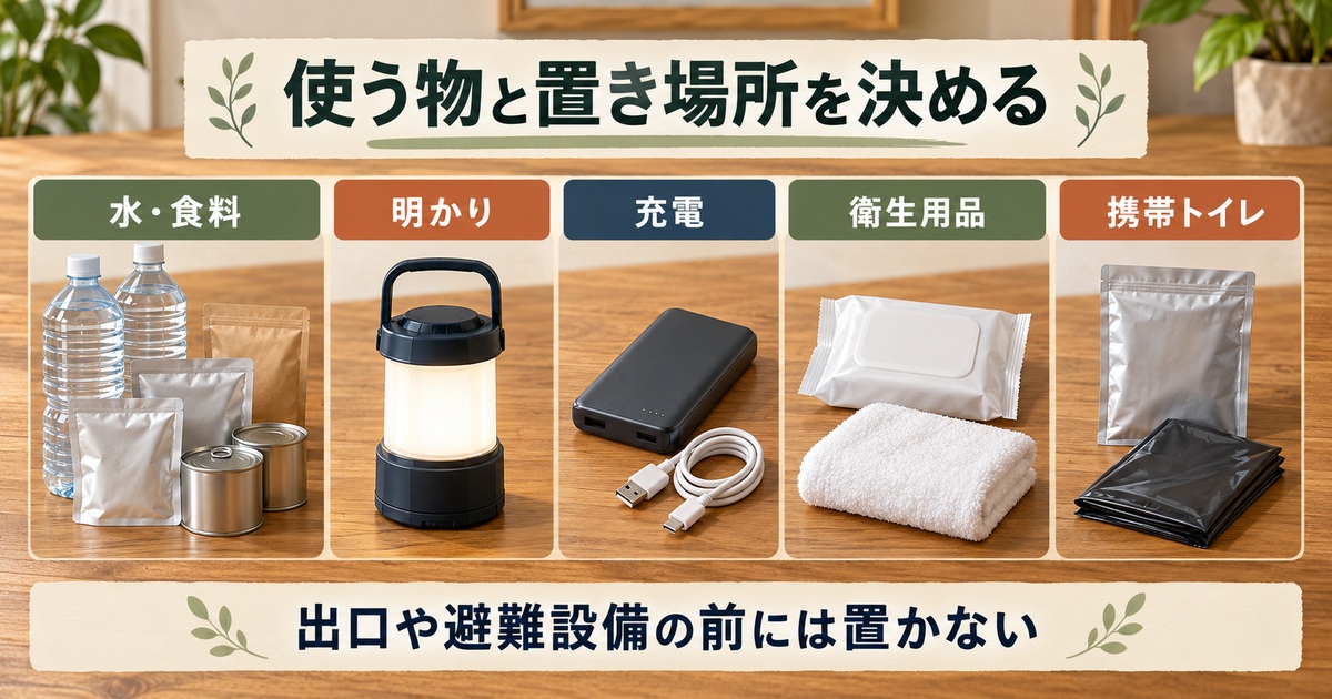 水と食料、照明、充電、衛生用品、携帯トイレを用途別に分けた備蓄の図