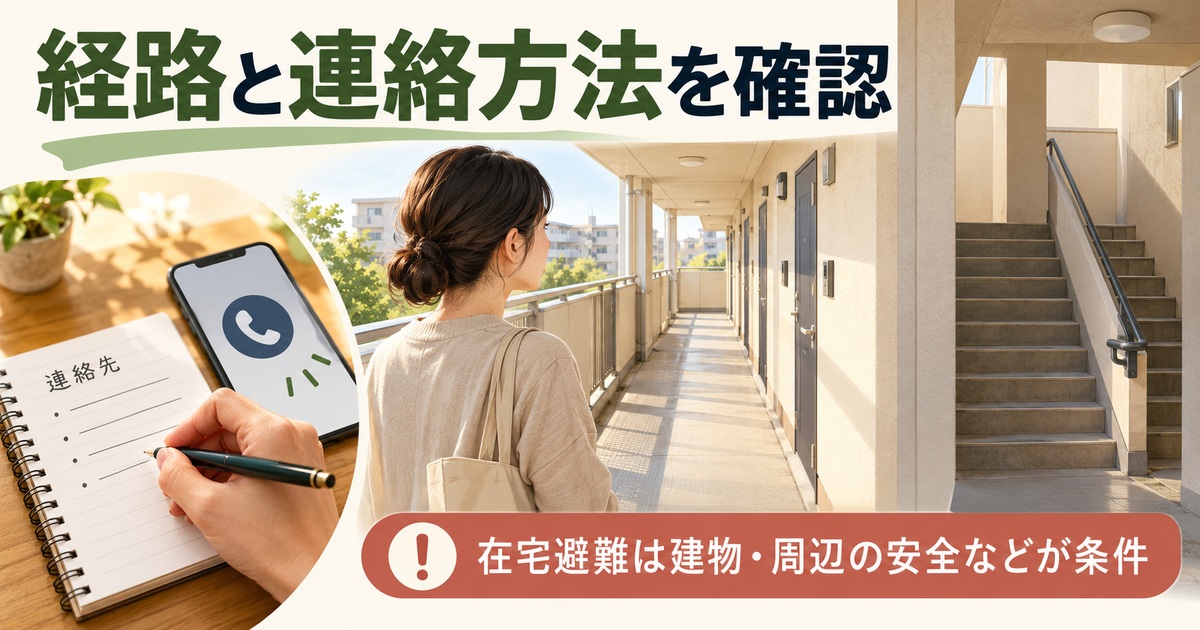 空いた共用廊下と階段を確認し、連絡先を控える場面と在宅避難の条件を示した図