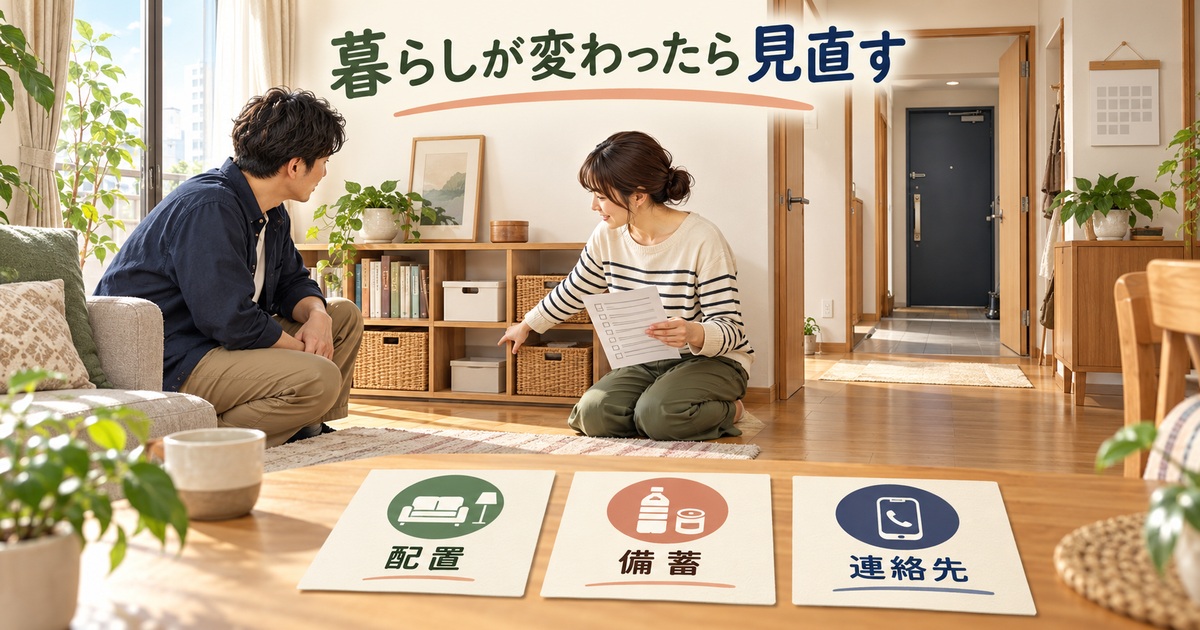 二人の入居者が室内を見直し、配置、備蓄、連絡先の三項目を点検する図
