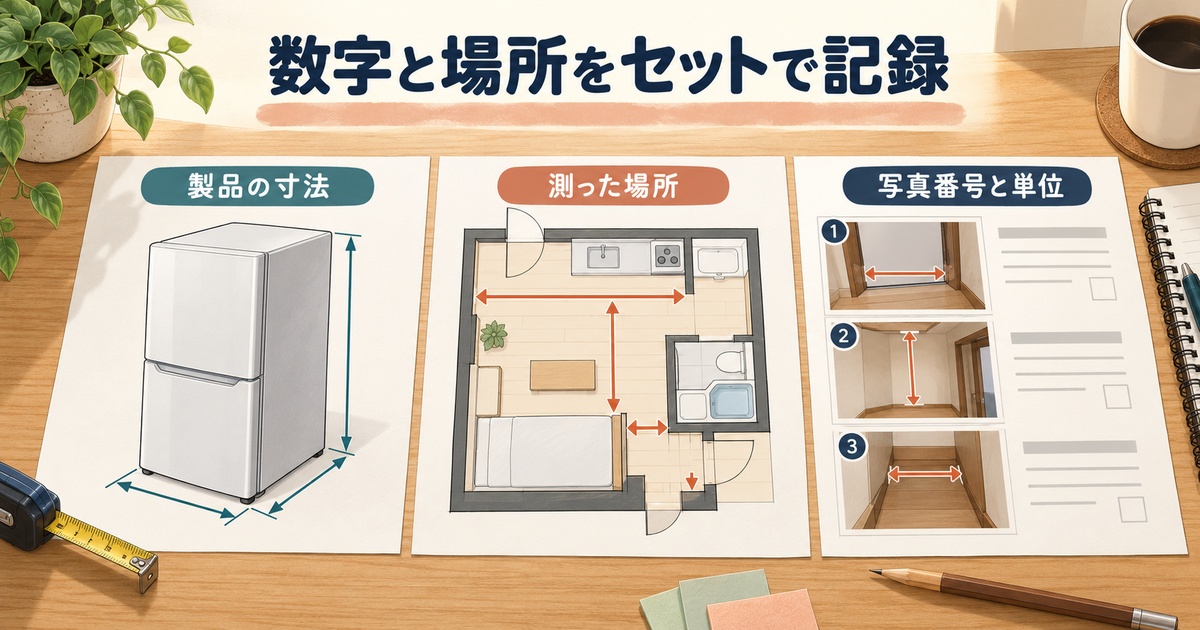 製品の寸法図、現地で測った場所の図、写真番号と単位を対応させる採寸資料