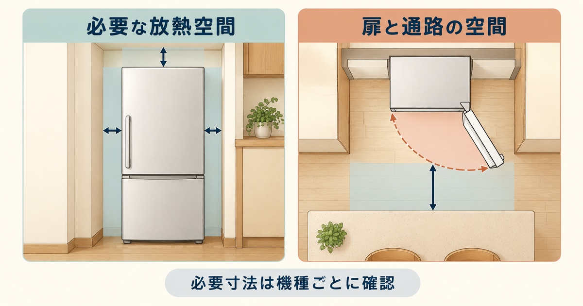冷蔵庫の周囲に必要な放熱空間と、扉を開ける範囲・前方通路を分けた図