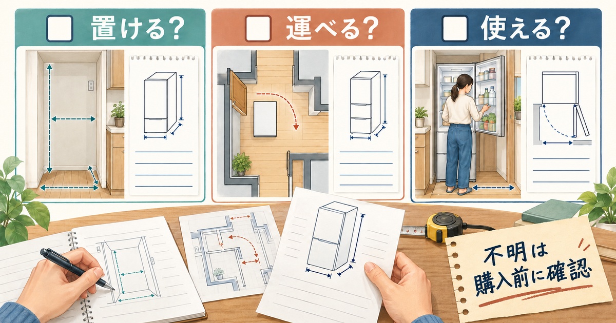 置ける・運べる・使えるの三項目を分け、寸法図と測定資料で購入前に照合する図