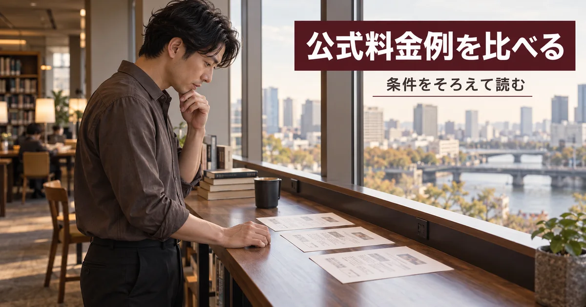 窓辺のカウンターで三つの公式料金資料を比較する男性