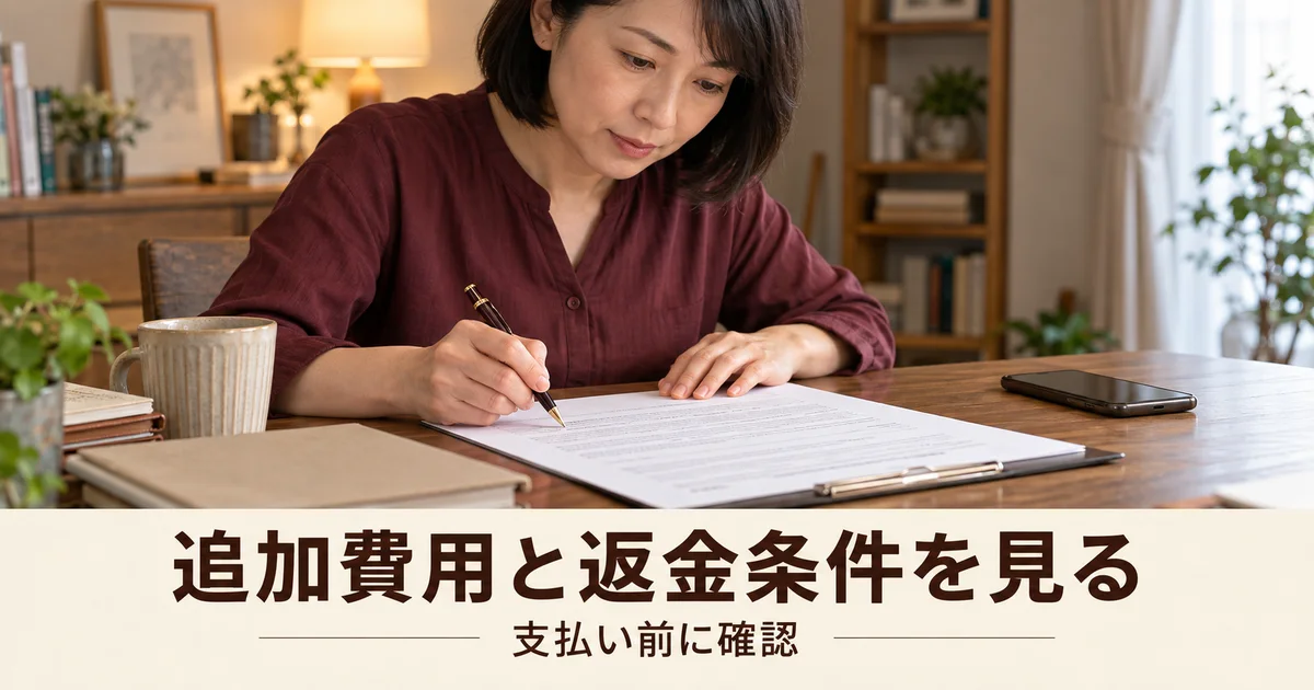 契約書を読み追加費用と返金条件を確認する女性