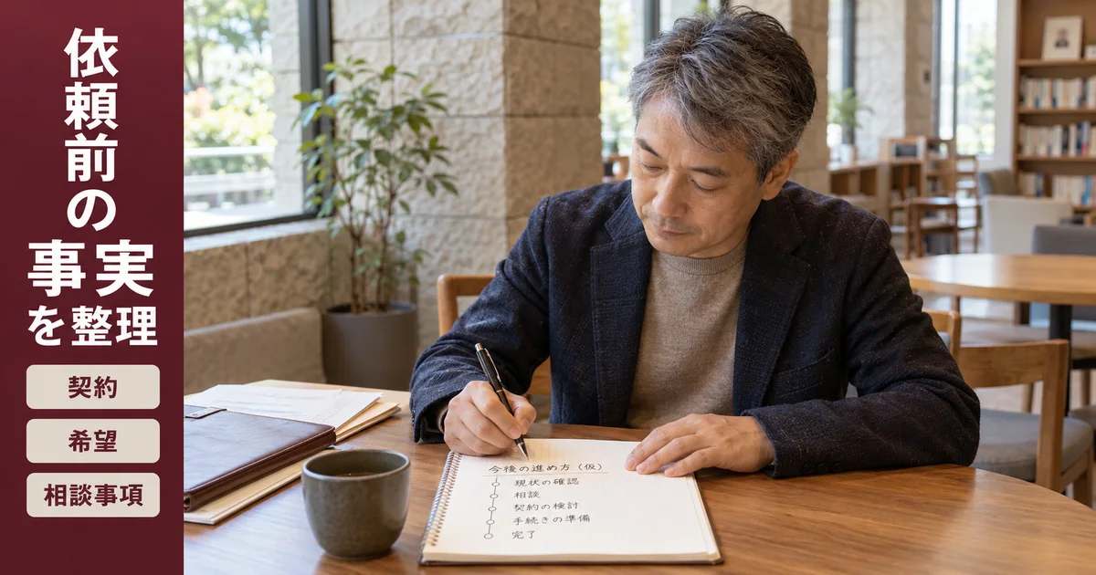 契約と希望と相談事項をノートに整理する男性
