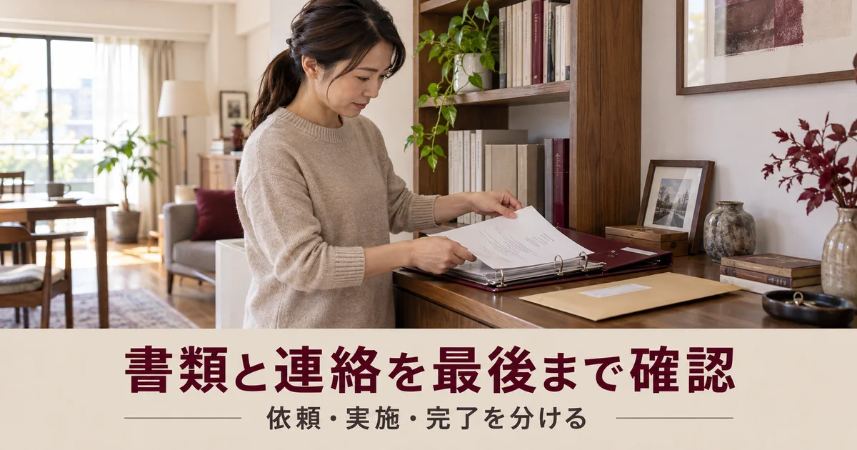 書類をファイルにまとめ依頼後の確認を進める女性