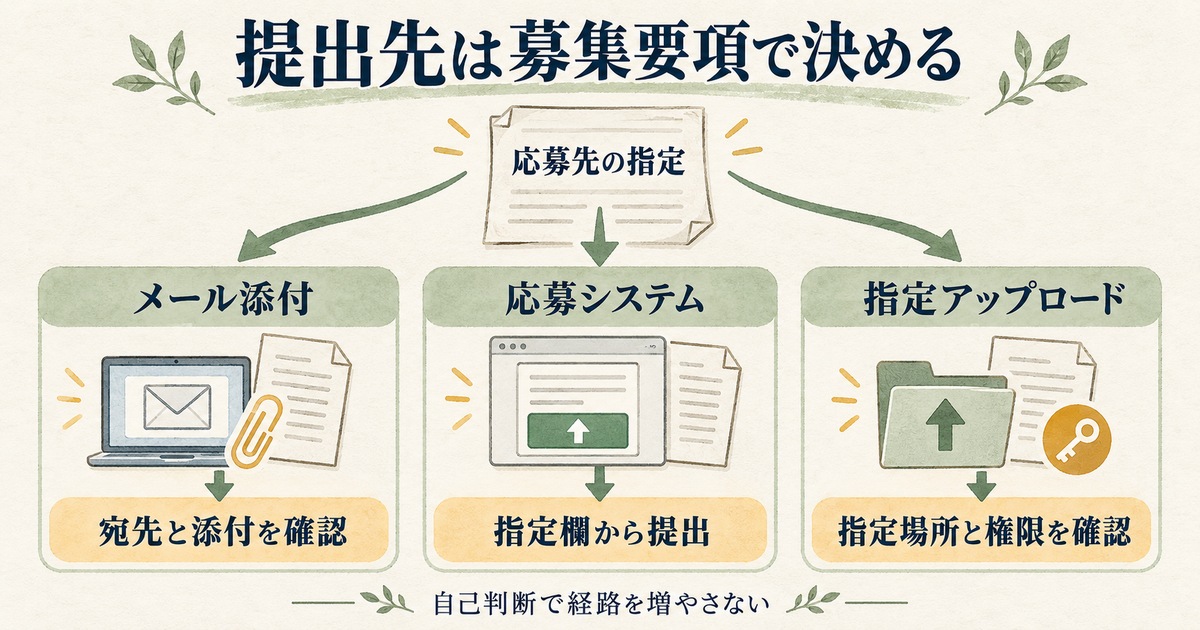 募集要項の指定からメール添付、応募システム、指定アップロードの三つに分けて提出先を確認する図