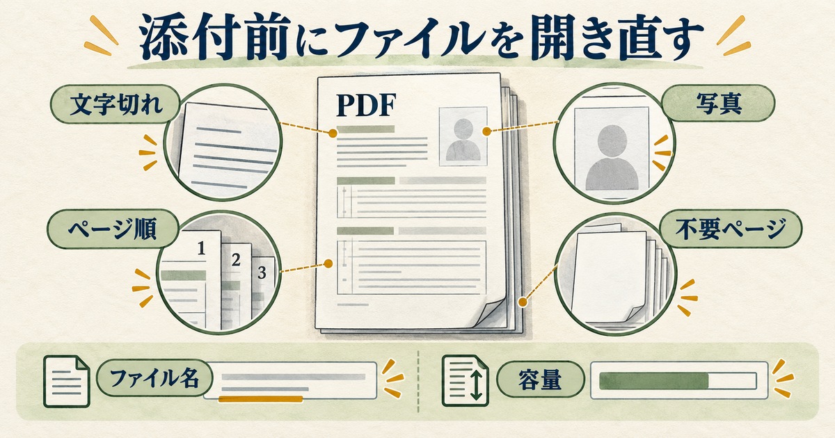 提出用ファイルの文字切れ、ページ順、写真、不要ページ、ファイル名、容量を確認する図