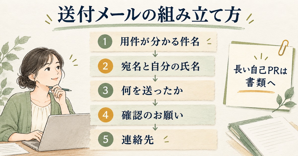 送付メールを件名、宛名と氏名、提出物、確認のお願い、連絡先の順に組み立てる図