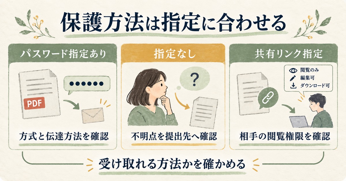 パスワードの指定あり、指定なし、共有リンク指定を分け、受け取れる方法と閲覧権限を確認する図