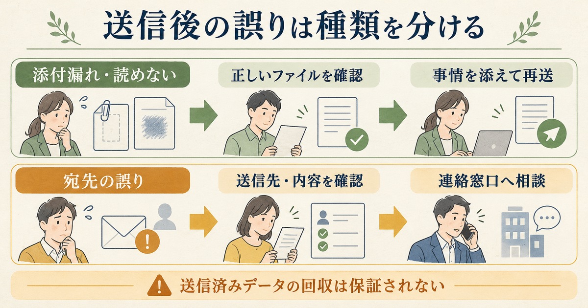 添付漏れや読めない場合の再送と、宛先を誤った場合の確認・相談を分けた対応図