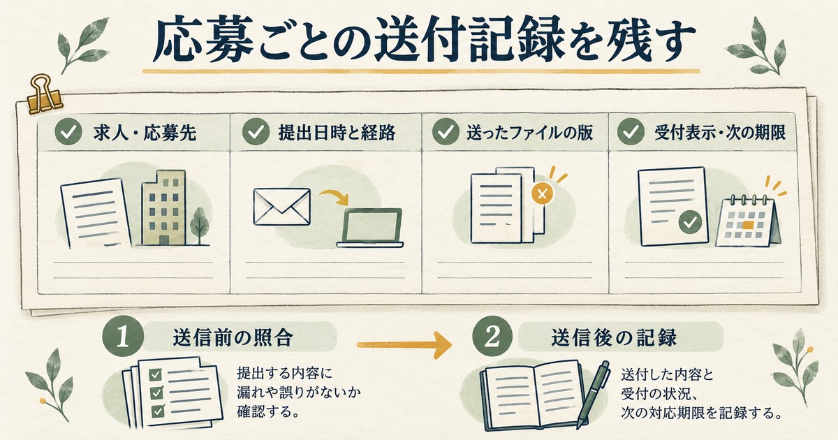 求人と応募先、提出日時と経路、ファイルの版、受付状況と次の期限を記録する項目の図