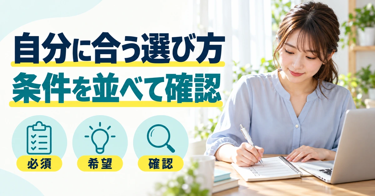 比較表を記入する成人女性と、必須条件・希望・確認事項を示す図