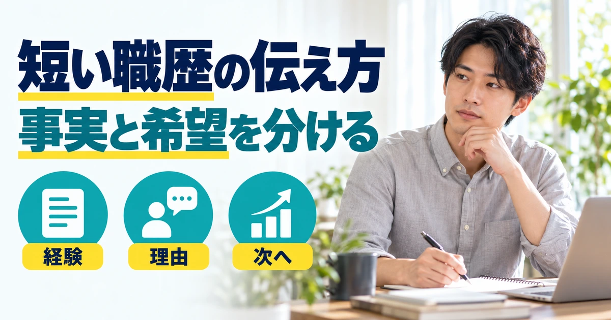 経歴をノートにまとめる成人男性と、経験・理由・次の希望を示す図