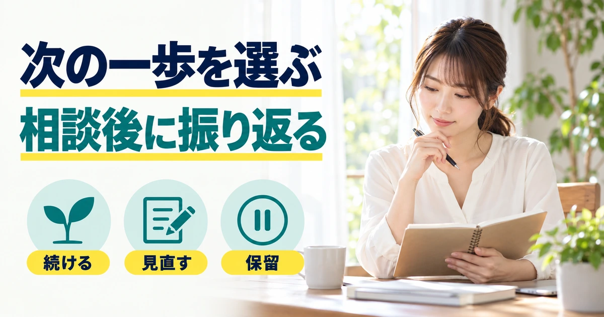 相談後のノートを読む成人女性と、続ける・見直す・保留の選択肢を示す図