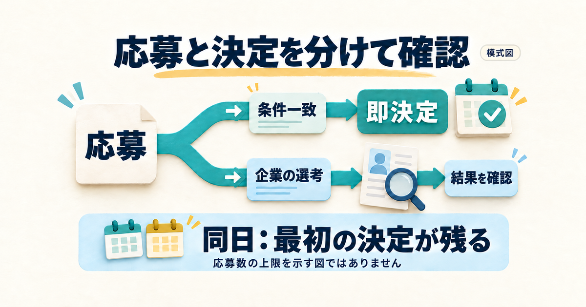 即決定と企業選考の違い、同じ日の応募は最初の決定が残る仕組みの説明図。