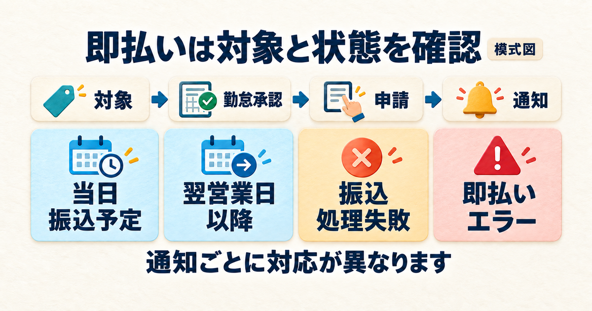 即払い対象と勤怠承認を確認し、申請後は振込通知に応じて対応する流れの説明図。