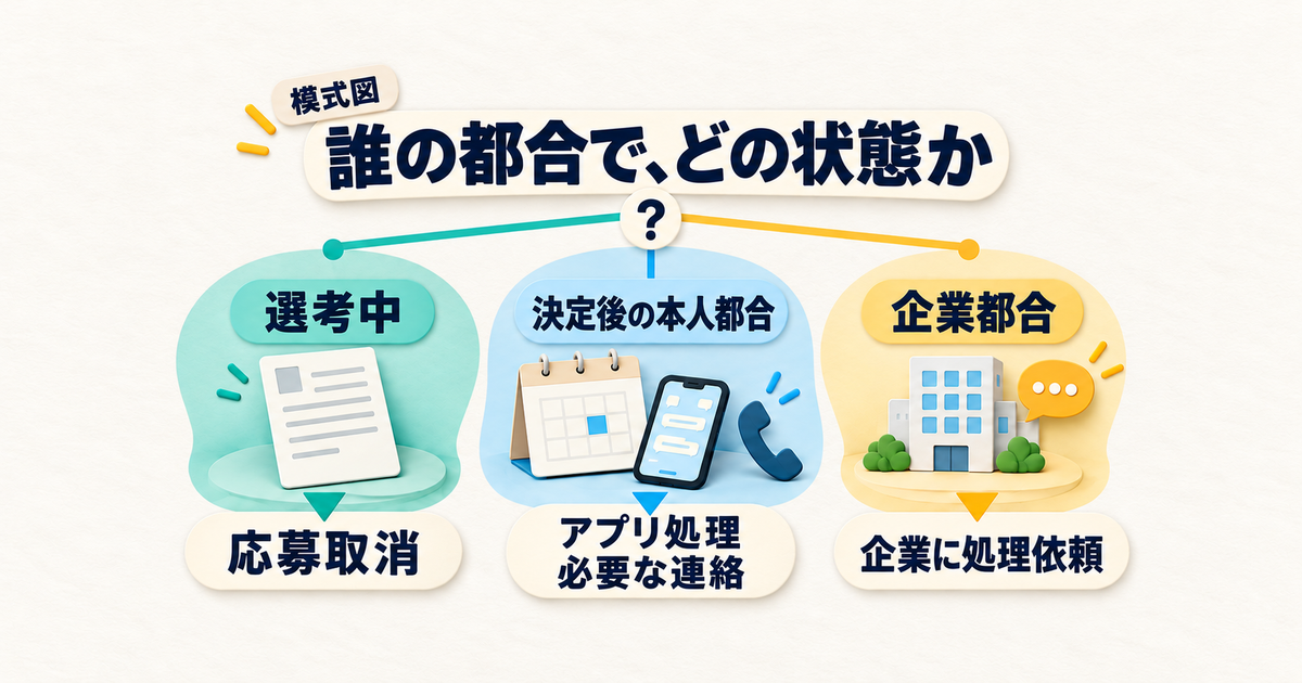 選考中の応募取消、決定後の本人都合キャンセル、企業都合キャンセルを分けた説明図。