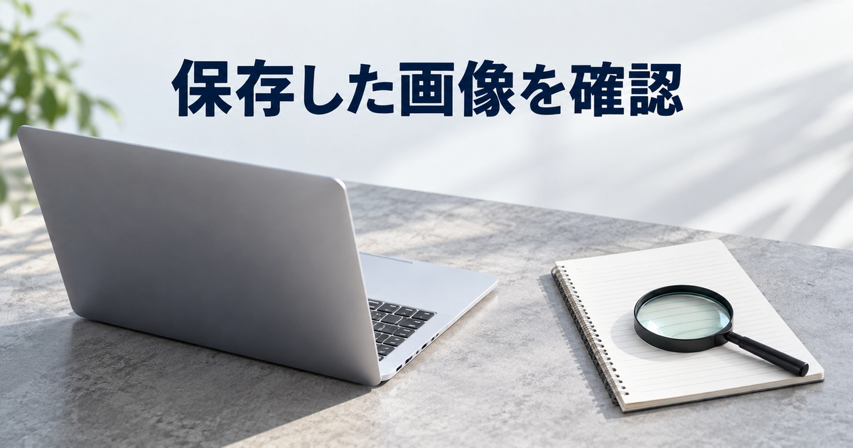 保存先の画像を確認することを表すパソコンと罫線ノート、虫眼鏡のAI概念写真