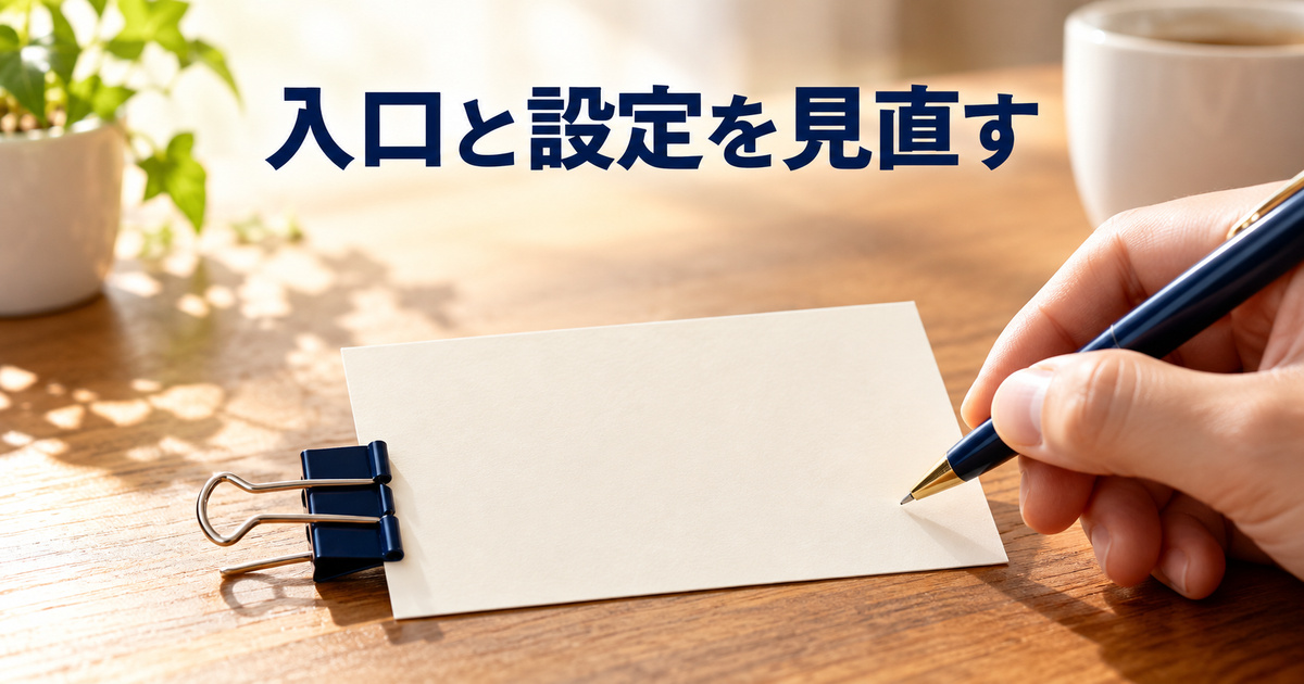 使った入口と設定を見直すことを表すカードとクリップ、ペンのAI概念写真