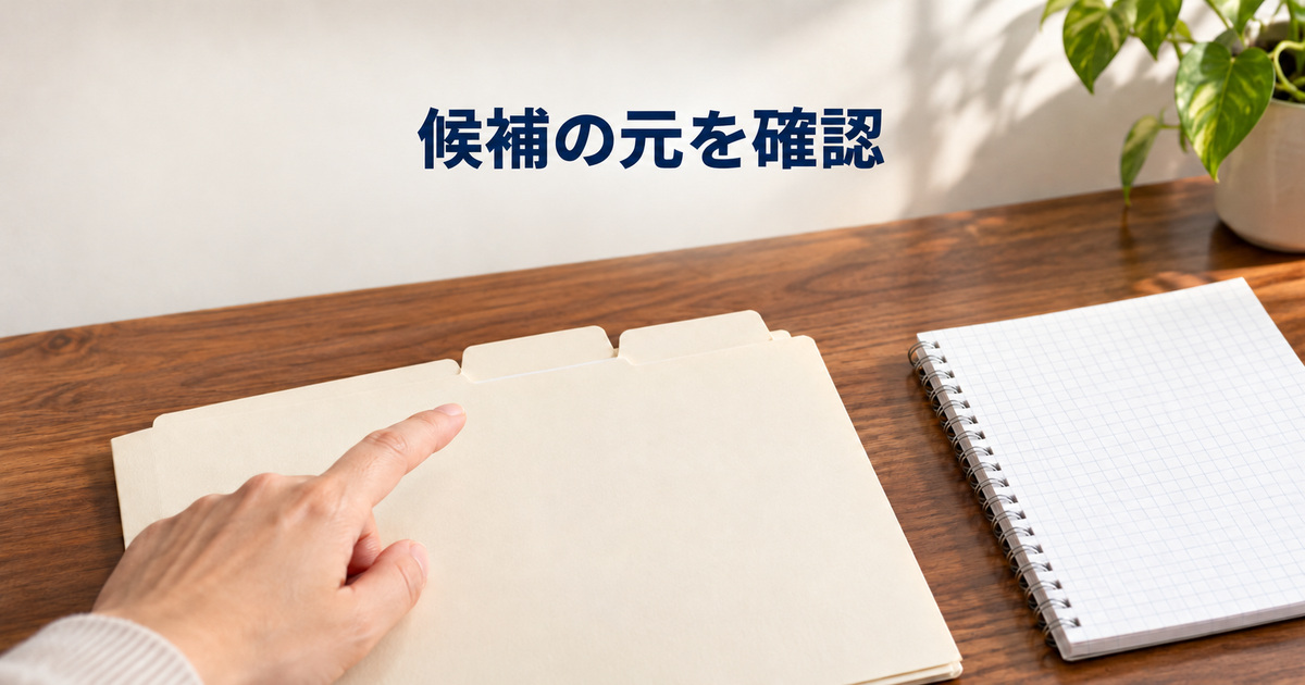候補の管理場所を表す無地フォルダーと罫線ノートの概念イメージ