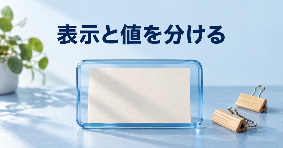 カードと丸みのある青い枠で表示と値の違いを考える概念イメージ