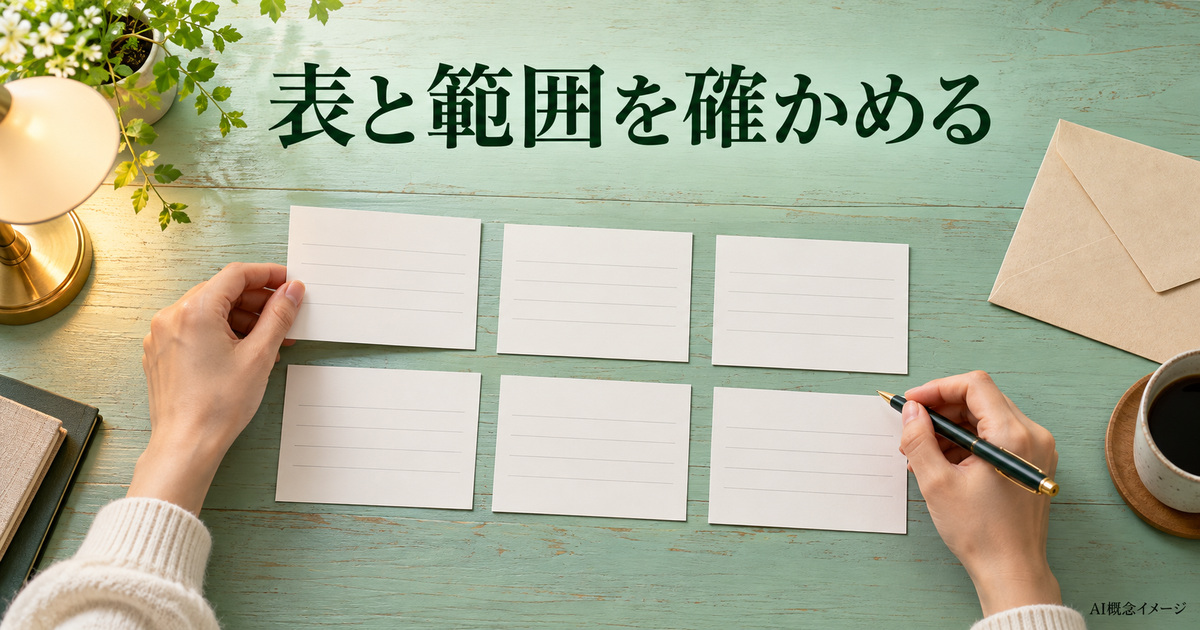 六枚のカードで表の範囲を考えるAI概念イメージ