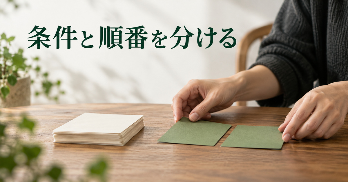 条件と順番を分けて整理するカードのAI概念イメージ