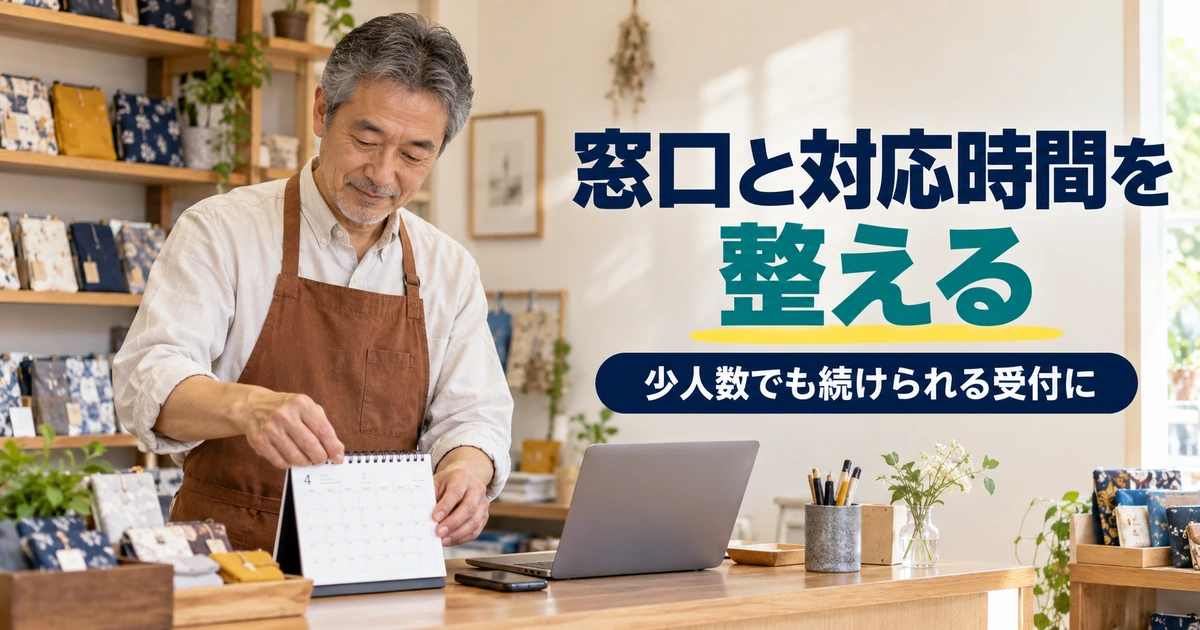 ショップのカウンターで連絡窓口と対応予定を整理する男性店主