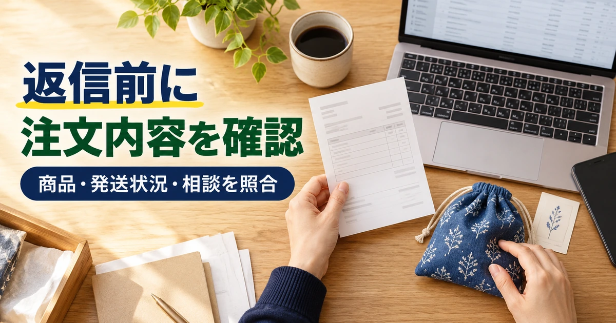 注文記録と実際の商品を照合し、返信前の確認をする手元