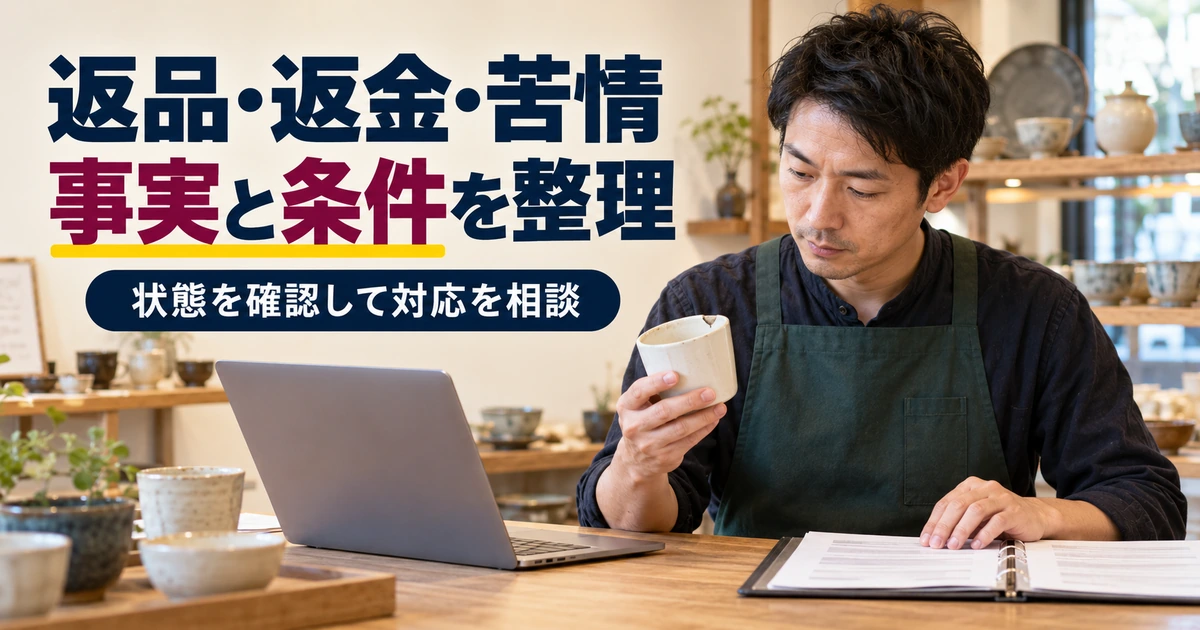 返品相談の陶器の状態と資料を照らし、対応条件を確認する店主
