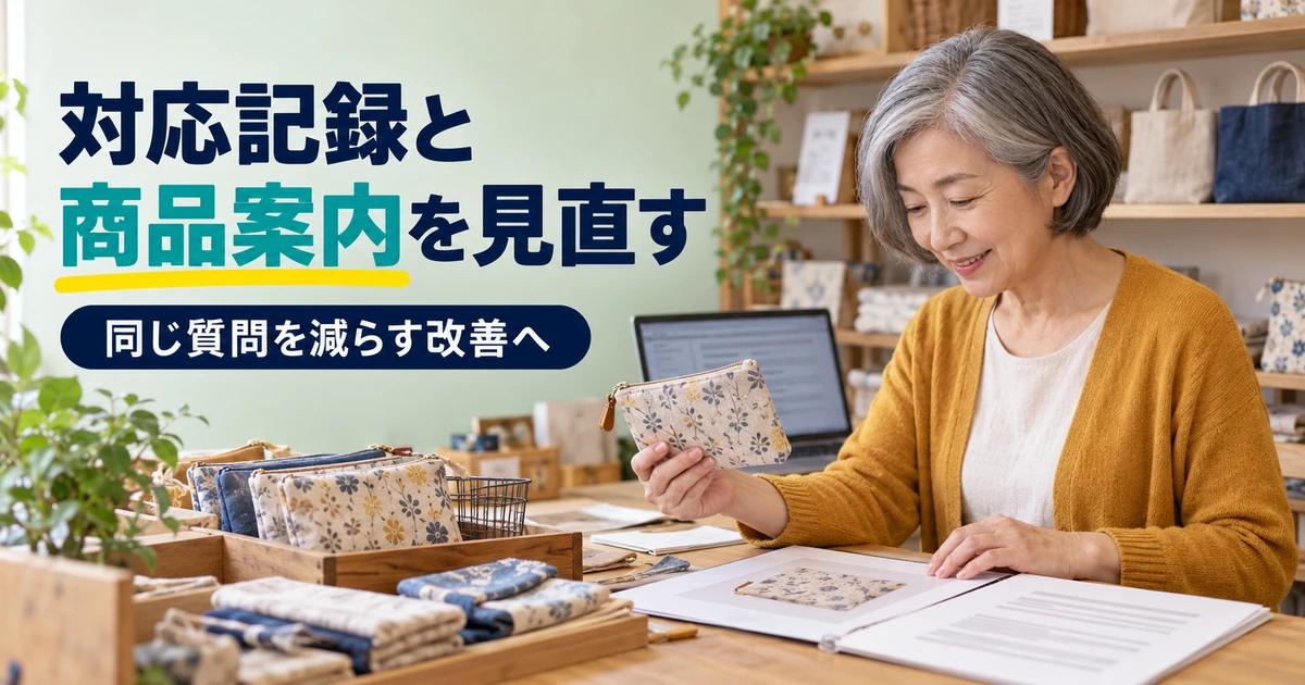 問い合わせ記録を参考に、商品の説明と案内を見直す女性店主