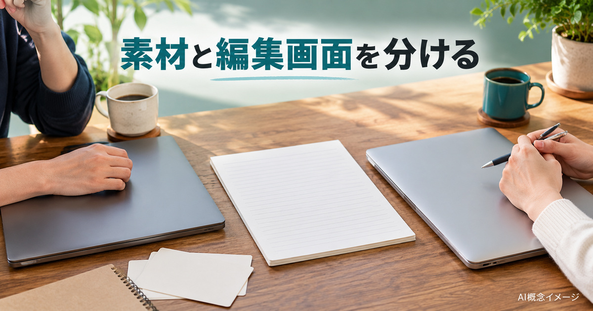 素材と編集側を分けて考える二台のPCのAI概念イメージ