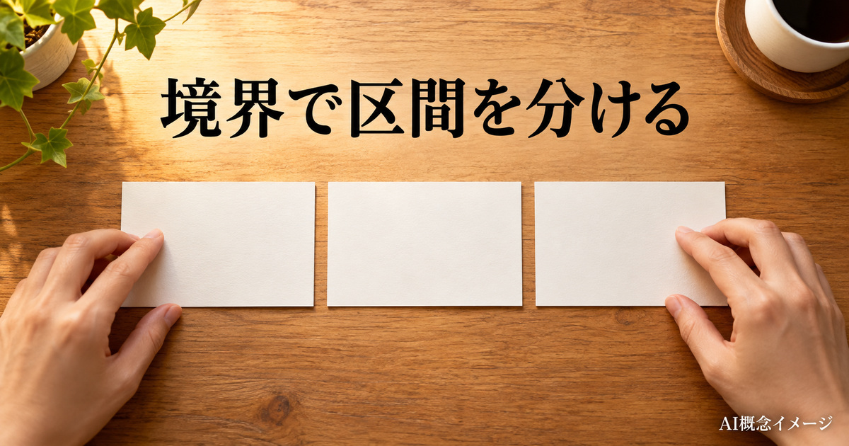 区間の二つの境界を三枚のカードで考えるAI概念イメージ