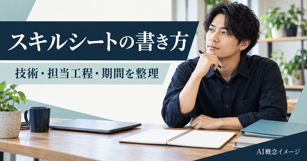 スキルシートの技術と担当工程と期間を整理するAI概念イメージ