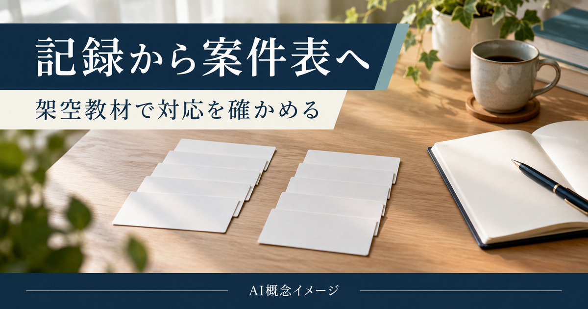架空の記録から案件表を組み立てるAI概念イメージ