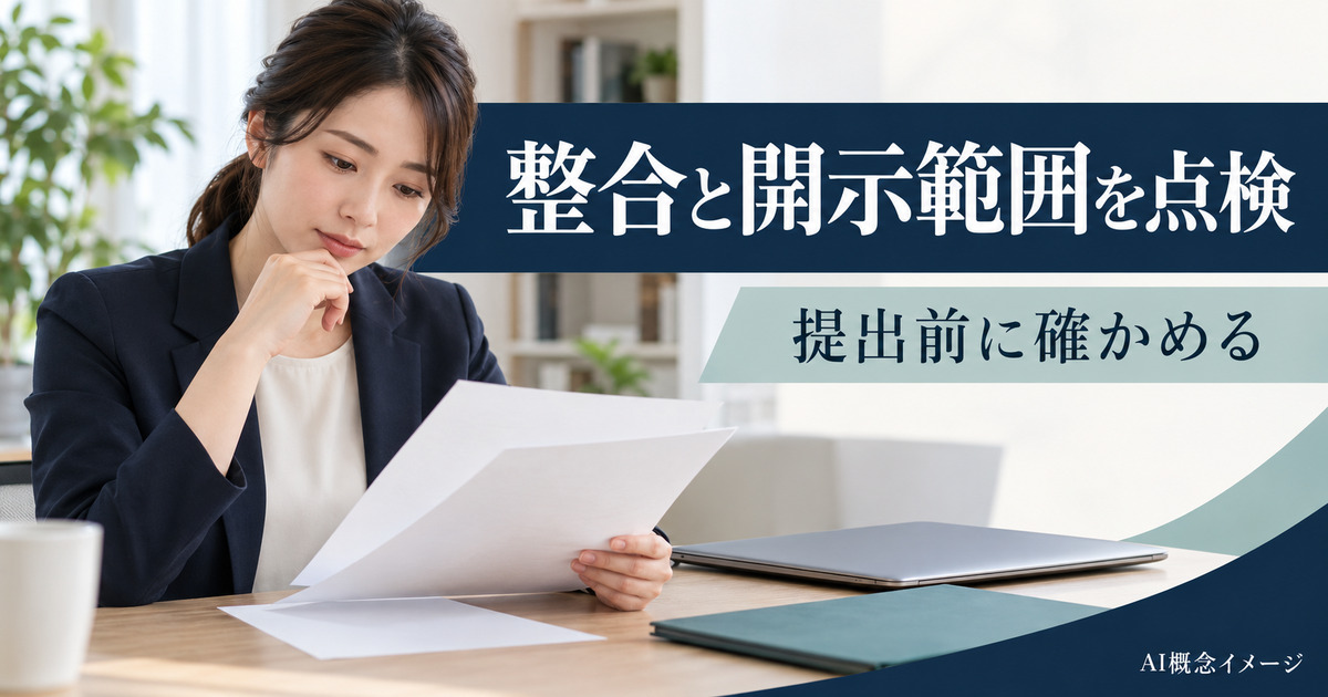 提出前に整合と開示範囲を点検するAI概念イメージ