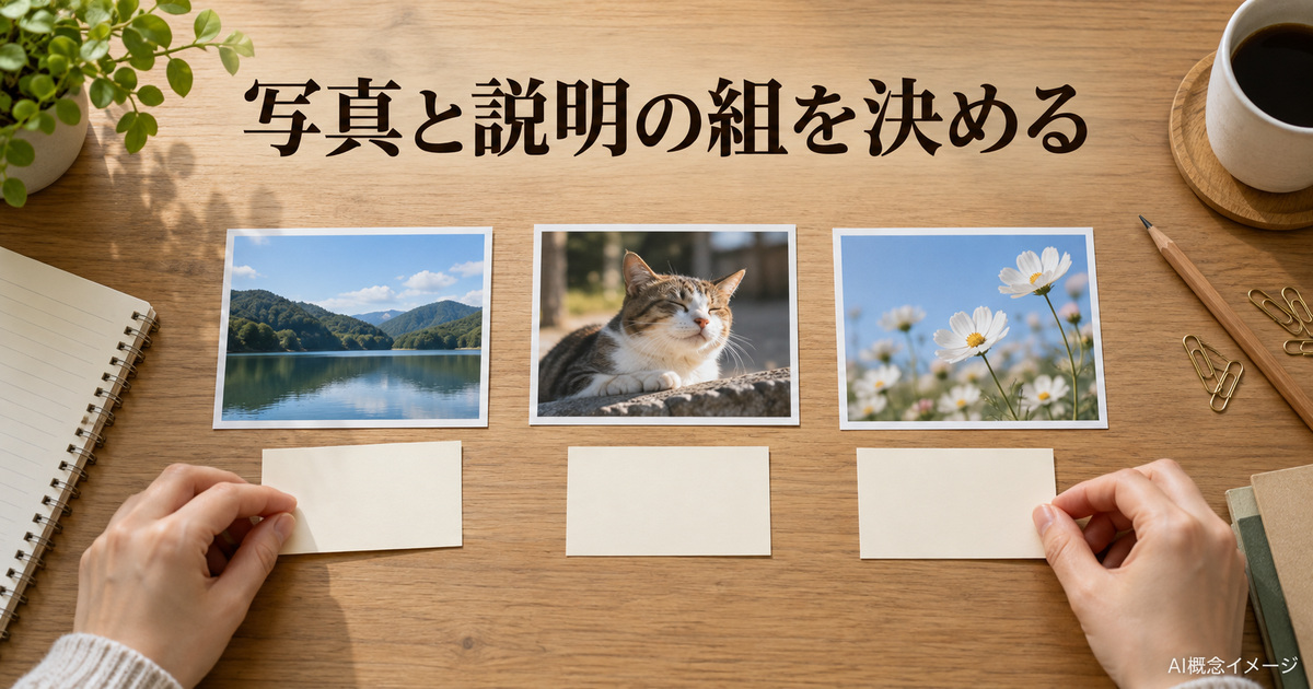 三枚の写真と空の説明カードの組を考えるAI概念イメージ