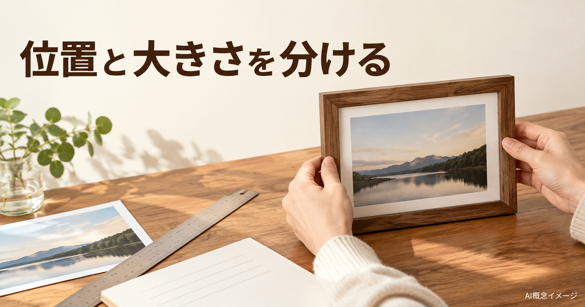 木枠と定規で写真の位置と大きさを分けるAI概念イメージ