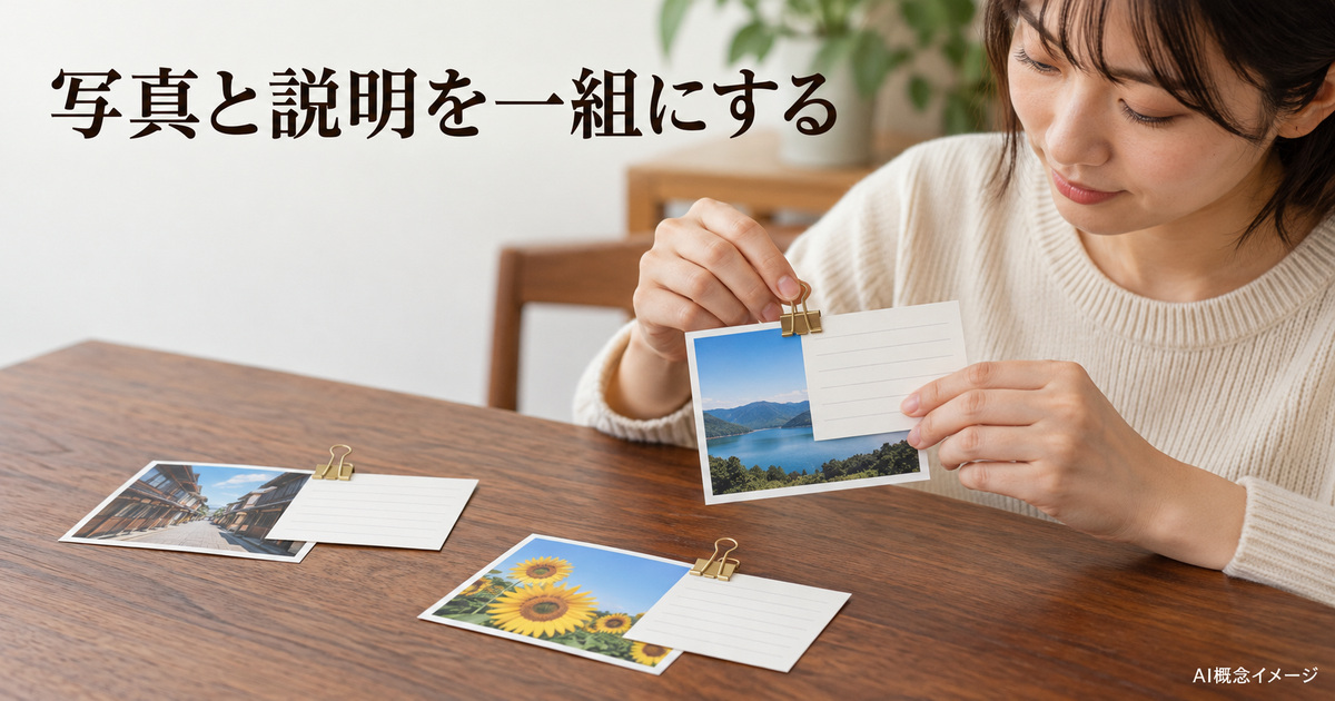写真と説明カードをクリップで一組にするAI概念イメージ