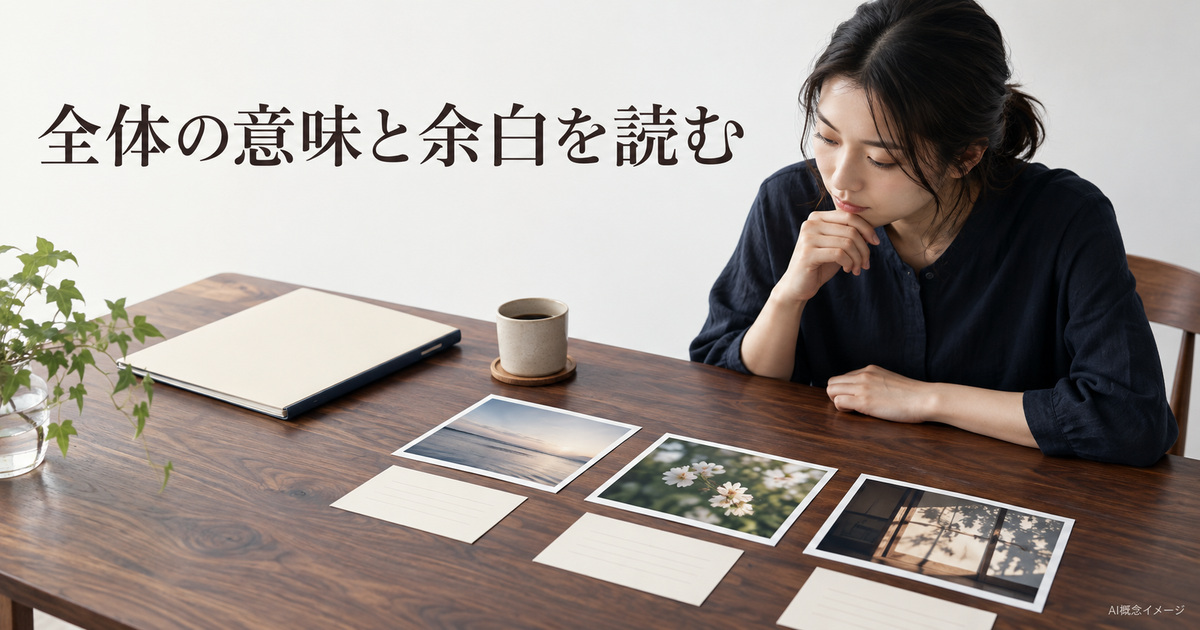 写真と説明の全体の余白を読み直す人のAI概念イメージ