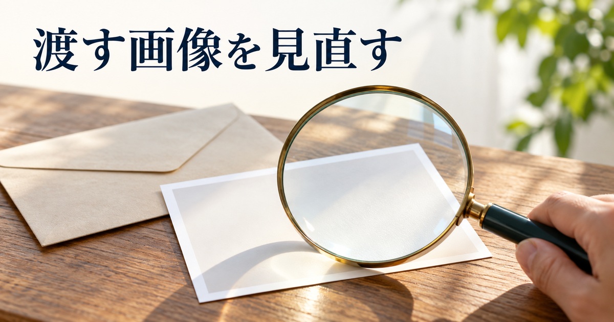 渡す一枚を見直す虫眼鏡と紙のAI概念イメージ